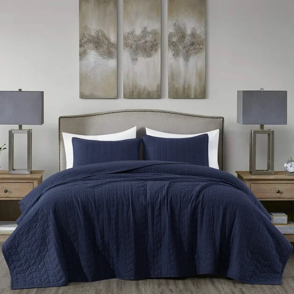Elegant Navy Blue king 3 piece Quilt Set 100% cotton